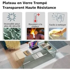 COSTWAY Table Basse Salon En Verre/Table D’Appoint Rectangulaire Forme De U Avec Bords Arrondis Lisses, Table Basse Transparente Simple & Moderne -VIDAXL || Songmics Soldes 100227103 3