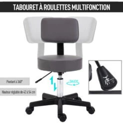 HOMCOM Tabouret Massage à Roulettes Réglable En Hauteur Pivotant Dossier Ergonomique Gris -VIDAXL || Songmics Soldes 13095955 4
