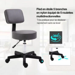 HOMCOM Tabouret Massage à Roulettes Réglable En Hauteur Pivotant Dossier Ergonomique Gris -VIDAXL || Songmics Soldes 13095955 5