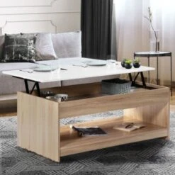 Table Basse Plateau Relevable SOA Bois Imitation Hêtre Plateau Blanc -VIDAXL || Songmics Soldes 13120935 2