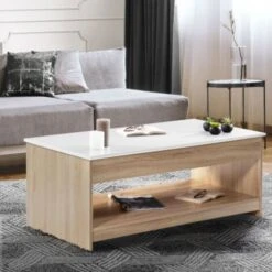 Table Basse Plateau Relevable SOA Bois Imitation Hêtre Plateau Blanc -VIDAXL || Songmics Soldes 13120935 3