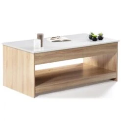 Table Basse Plateau Relevable SOA Bois Imitation Hêtre Plateau Blanc -VIDAXL || Songmics Soldes 13120935 4