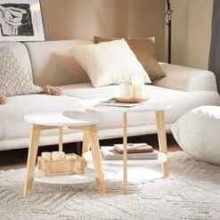 Set De 2-Blanc Et Bois Ronde Table D'Appoint Table Basse Ronde Guéridon FBT75-W SoBuy® -VIDAXL || Songmics Soldes 13281327 2