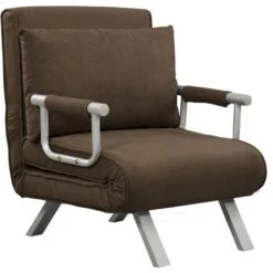 HOMCOM Fauteuil Chauffeuse Canapé-lit Convertible 1 Place Déhoussable Grand Confort Coussin Pieds Accoudoirs Métal Suède Marron