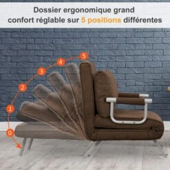 HOMCOM Fauteuil Chauffeuse Canapé-lit Convertible 1 Place Déhoussable Grand Confort Coussin Pieds Accoudoirs Métal Suède Marron -VIDAXL || Songmics Soldes 14604612 4