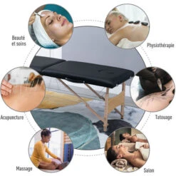 HOMCOM Table De Massage Pliante Lit Table De Beauté 2 Zones Portable Sac De Tranport Inclus Hauteur Réglable Dim. 186L X 60l X 58-81H Cm Bois Massif Revêtement Synthétique Noir -VIDAXL || Songmics Soldes 18079582 5