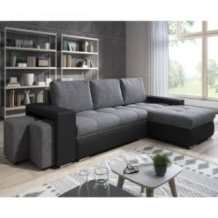 Canapé Angle Convertible Simon Noir / Gris + 2 Poufs