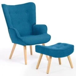 Fauteuil Scandinave IVAR Avec Repose Pieds Bleu Canard