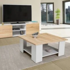 Table Basse Carrée ELI Blanche Plateau Façon Hêtre -VIDAXL || Songmics Soldes 19502276 2