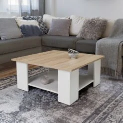 Table Basse Carrée ELI Blanche Plateau Façon Hêtre -VIDAXL || Songmics Soldes 19502276 4