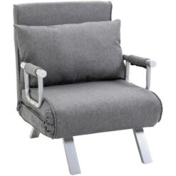 HOMCOM Fauteuil Chauffeuse Canapé-lit Convertible 1 Place Déhoussable Grand Confort Coussin Pieds Accoudoirs Métal Lin Gris Clair