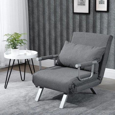 HOMCOM Fauteuil Chauffeuse Canapé-lit Convertible 1 Place Déhoussable Grand Confort Coussin Pieds Accoudoirs Métal Lin Gris Clair 4 HOMCOM Fauteuil Chauffeuse Canapé-lit Convertible 1 Place Déhoussable Grand Confort Coussin Pieds Accoudoirs Métal Lin Gris Clair – Image 2