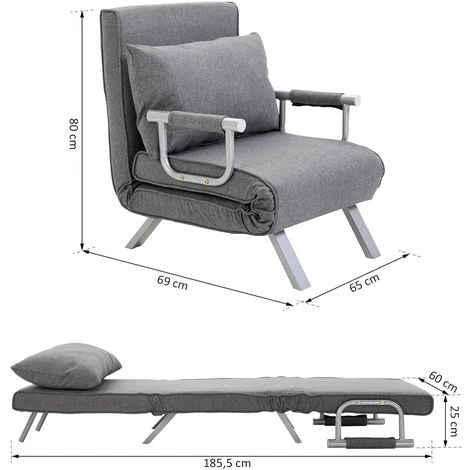HOMCOM Fauteuil Chauffeuse Canapé-lit Convertible 1 Place Déhoussable Grand Confort Coussin Pieds Accoudoirs Métal Lin Gris Clair 5 HOMCOM Fauteuil Chauffeuse Canapé-lit Convertible 1 Place Déhoussable Grand Confort Coussin Pieds Accoudoirs Métal Lin Gris Clair – Image 3