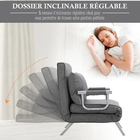 HOMCOM Fauteuil Chauffeuse Canapé-lit Convertible 1 Place Déhoussable Grand Confort Coussin Pieds Accoudoirs Métal Lin Gris Clair 6 HOMCOM Fauteuil Chauffeuse Canapé-lit Convertible 1 Place Déhoussable Grand Confort Coussin Pieds Accoudoirs Métal Lin Gris Clair – Image 4