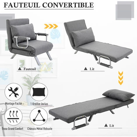 HOMCOM Fauteuil Chauffeuse Canapé-lit Convertible 1 Place Déhoussable Grand Confort Coussin Pieds Accoudoirs Métal Lin Gris Clair 7 HOMCOM Fauteuil Chauffeuse Canapé-lit Convertible 1 Place Déhoussable Grand Confort Coussin Pieds Accoudoirs Métal Lin Gris Clair – Image 5