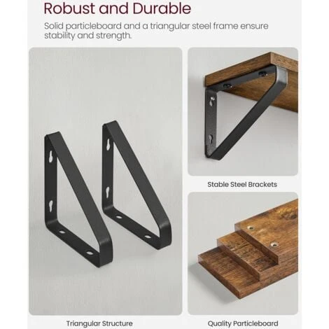 VASAGLE Étagère Murale, Étagère Flottante, Style Industriel, 3 Niveaux, Support Mural Stable, Pour Salon, Salle De Bain, Cuisine, Brun Rustique Par SONGMICS LWS33BX 6 VASAGLE Étagère Murale, Étagère Flottante, Style Industriel, 3 Niveaux, Support Mural Stable, Pour Salon, Salle De Bain, Cuisine, Brun Rustique Par SONGMICS LWS33BX – Image 4