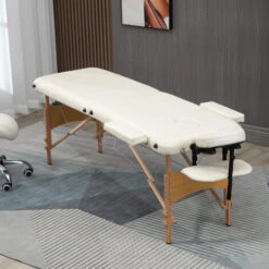 HOMCOM Table De Massage Pliante Lit Table De Beauté 2 Zones Portable Sac De Tranport Inclus Hauteur Réglable Dim. 182L X 60l X 61-87H Cm Bois Massif Revêtement Synthétique Crème -VIDAXL || Songmics Soldes 2200629 2
