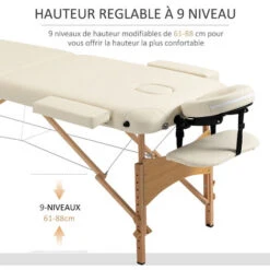 HOMCOM Table De Massage Pliante Lit Table De Beauté 2 Zones Portable Sac De Tranport Inclus Hauteur Réglable Dim. 182L X 60l X 61-87H Cm Bois Massif Revêtement Synthétique Crème -VIDAXL || Songmics Soldes 2200629 3
