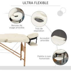 HOMCOM Table De Massage Pliante Lit Table De Beauté 2 Zones Portable Sac De Tranport Inclus Hauteur Réglable Dim. 182L X 60l X 61-87H Cm Bois Massif Revêtement Synthétique Crème -VIDAXL || Songmics Soldes 2200629 4