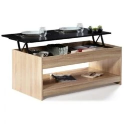 Table Basse Plateau Relevable SOA Bois Imitation Hêtre Plateau Noir