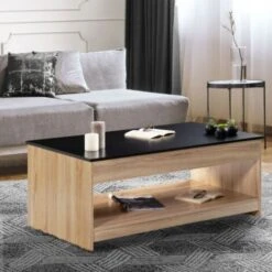 Table Basse Plateau Relevable SOA Bois Imitation Hêtre Plateau Noir -VIDAXL || Songmics Soldes 23001907 3