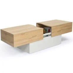 Table Basse Bar Coulissante MARTA Bois Blanc Et Imitation Hêtre