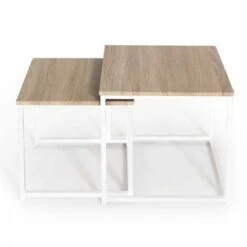 Lot De 2 Tables Basses Gigognes DETROIT 40/45 Design Industriel Bois Et Métal Blanc