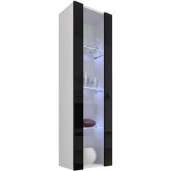 Vitrine Murale Verticale Avec LED Meuble De Rangement 40 X 170 X 29cm Blanc Et Noir Finition Brillante 3 Compartiments 1 Porte 1 Vitrine Modèle Nora V5