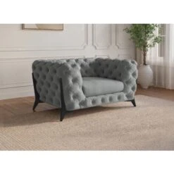 Fauteuil Capitonné Chesterfield Velours Gris CARMEN
