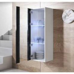 Vitrine Murale 1 Porte Avec LED Meuble De Rangement Suspendu 40 X 126 X 29cm Blanc Et Noir Finition Brillante 3 Compartiments Modèle Luke V2 -VIDAXL || Songmics Soldes 26658319 3