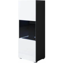Vitrine Avec Pieds 2 Cm Avec LED 1 Porte Meuble De Rangement Avec Pieds 40 X 128 X 29cm Noir Et Blanc Finition Brillante 3 Compartiments Modèle Luke V3