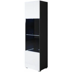 Vitrine Avec Pieds 2 Cm Avec LED 1 Porte Meuble De Rangement Avec Pieds 40 X 167 X 29cm Noir Et Blanc Finition Brillante 4 Compartiments Modèle Luke V6