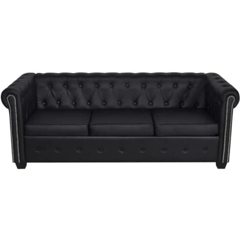 Canapé Chesterfield à 3 Places Cuir Synthétique Noir VidaXL 4 Canapé Chesterfield à 3 Places Cuir Synthétique Noir VidaXL – Image 2