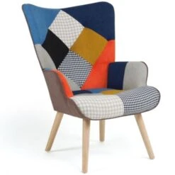 Fauteuil Scandinave IVAR En Tissu Patchwork Multicouleurs Et Imprimé Pied De Poule