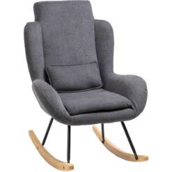 HOMCOM Fauteuil à Bascule Oreilles Rocking Chair Grand Confort Accoudoirs Assise Dossier Garnissage Mousse Haute Densité Lin Gris