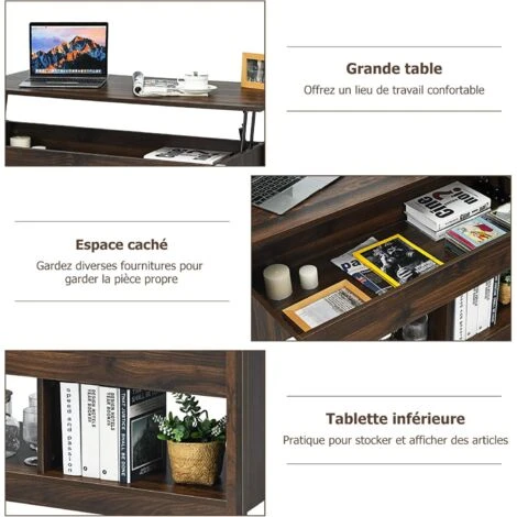 COSTWAY Table Basse Avec Plateau Relevable, Avec Espace De Rangement Caché Et Etagère Inférieur, 109 X 47,5 X 50-63 Cm 5 COSTWAY Table Basse Avec Plateau Relevable, Avec Espace De Rangement Caché Et Etagère Inférieur, 109 X 47,5 X 50-63 Cm – Image 3