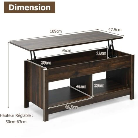 COSTWAY Table Basse Avec Plateau Relevable, Avec Espace De Rangement Caché Et Etagère Inférieur, 109 X 47,5 X 50-63 Cm 7 COSTWAY Table Basse Avec Plateau Relevable, Avec Espace De Rangement Caché Et Etagère Inférieur, 109 X 47,5 X 50-63 Cm – Image 5