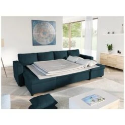 Canapé D'Angle Panoramique MARIA Convertible En Tissu - Bleu Pétrole -VIDAXL || Songmics Soldes 32158701 3