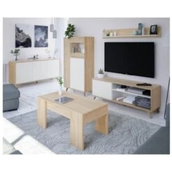 Vitrine Salon 142 Cm Alabama Blanc Mat Et Chêne Avec Trois Portes Chêne Et Blanc -VIDAXL || Songmics Soldes 34695128 3