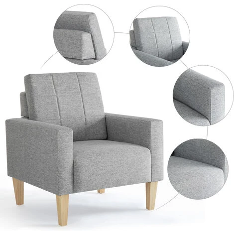 Fauteuil-Chaise Moderne En Tissu à Dossier Bas, Canapé 1 Place Avec Pieds, Structure En Bois Massif, Gris Clair-Meerveil 7 Fauteuil-Chaise Moderne En Tissu à Dossier Bas, Canapé 1 Place Avec Pieds, Structure En Bois Massif, Gris Clair-Meerveil – Image 5