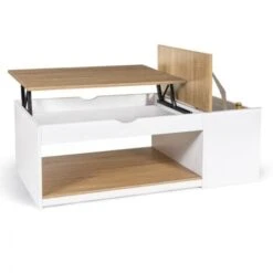 Table Basse Plateau Relevable ELEA Avec Coffre Bois Blanc Et Façon Hêtre -VIDAXL || Songmics Soldes 41828828 4