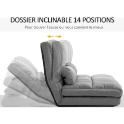 HOMCOM Chauffeuse - Matelas D'appoint Pliant - Fauteuil Convertible - Inclinaison Dossier Réglable 14 Positions - 2 Coussins Inclus - Polyester Aspect Suédé Gris -VIDAXL || Songmics Soldes 41982176 5