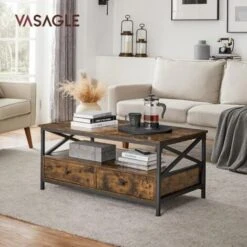 VASAGLE Table Basse, Table De Salon, Buffet Bas, Avec 2 Tiroirs Et Un Compartiment Ouvert, Cadre En Acier En Forme De X, 100 X 55 X 45 Cm, Style Industriel, Marron Rustique Et Noir Par SONGMICS LCT201