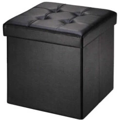Pouf De Rangement En Cuir Siège Repose-pieds Pliable Pouf Supportant Jusqu'à 120Kg Noir