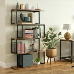 Bibliothèque-Étagère De Rangement-Bibliothèque à 5 Niveaux, Style Industriel, Pour Salon, Chambre, Bureau,en Métal, Marron-Meerveil