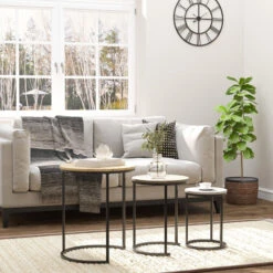 HOMCOM Lot De 3 Tables Basses Rondes Gigognes Encastrables Structure Acier Noir Plateaux MDF Aspect Bois Clair -VIDAXL || Songmics Soldes 47114228 2