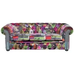 Canapé 3 Places En Tissu Patchwork Bordeaux Violet Assise Rembourrée Chesterfield