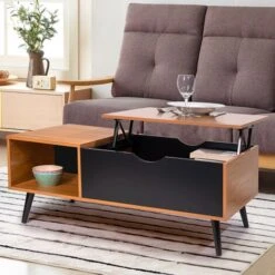 Table Basse EFFIE Plateau Relevable Bois Et Noir -VIDAXL || Songmics Soldes 50301167 2