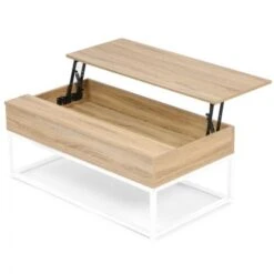 Table Basse Plateau Relevable DETROIT Design Industriel Bois Et Métal Blanc