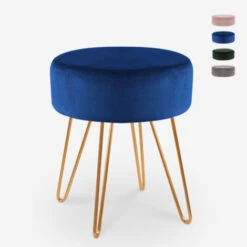 Tabouret Rembourré Repose-pieds Pouf Rond En Velours Design Holoserica Couleur: Bleu
